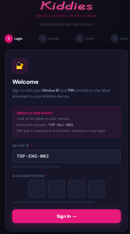 Kiddies Registration Portal login screen asking for Device ID and 4-character PIN